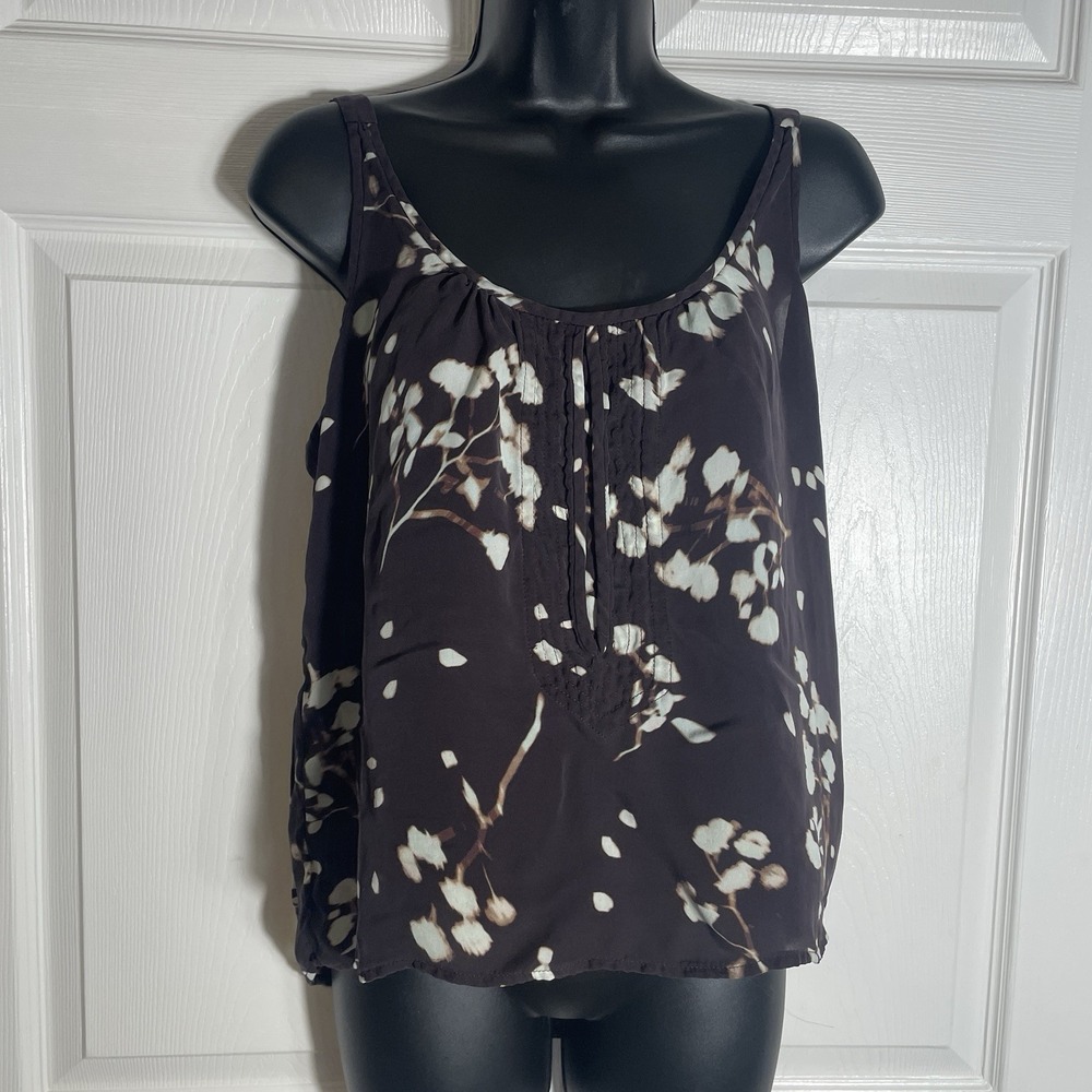A.L.C.‎ 100% Silk Tank Women S Brown White Floral Lightweight Pleated Front Top